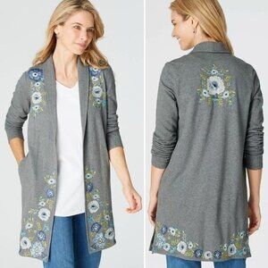 J Jill Embroidered Open Front Cardigan Sweater Jacket XL Gray Blue Floral